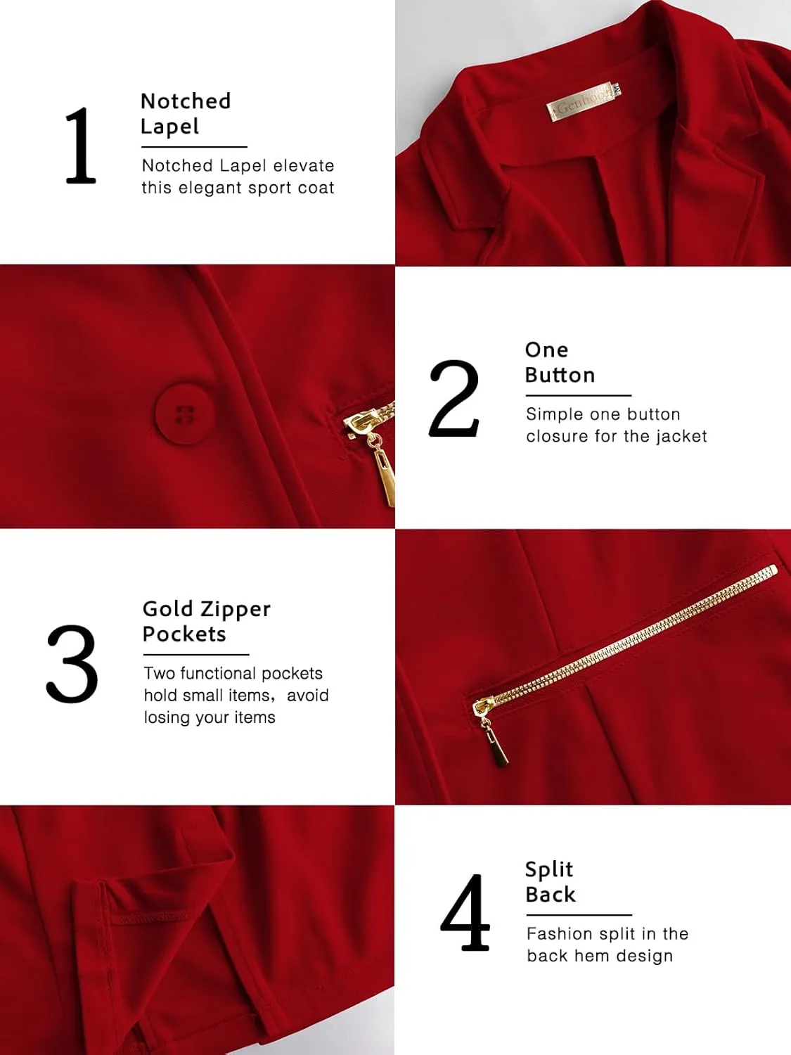 Genhoo Women's Long Sleeve Blazer Open Front Cardigan Jacket Work Office Blazer with Zipper Pockets S-3XL