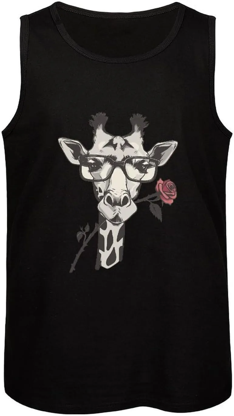 Glasses Giraffe Bite Rose Mens Tank Top Cotton Undershirt Crewneck Sleeveless Shirt for Summer