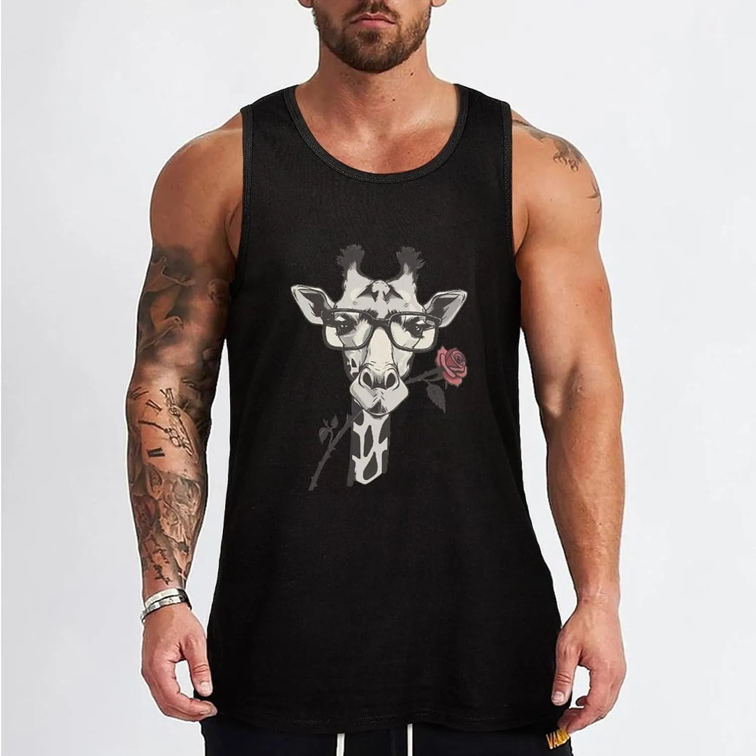 Glasses Giraffe Bite Rose Mens Tank Top Cotton Undershirt Crewneck Sleeveless Shirt for Summer