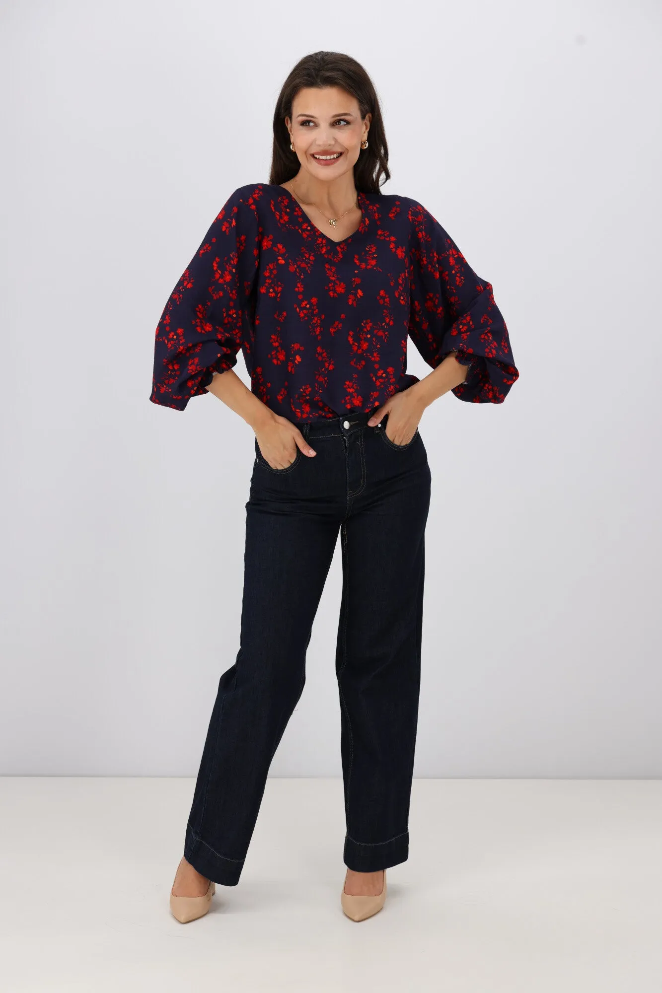 Gloss The Label Alex Blouson Sleeve Top Black Sumac Floral