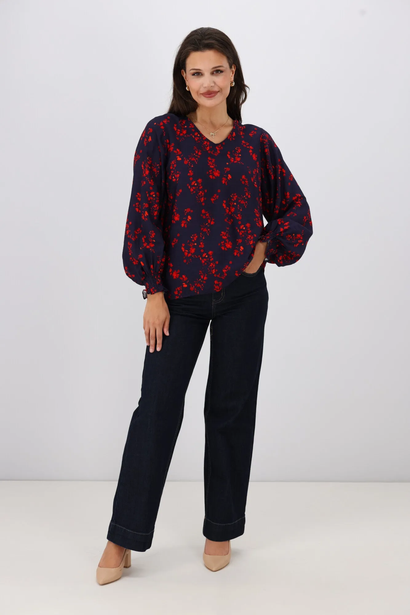 Gloss The Label Alex Blouson Sleeve Top Black Sumac Floral