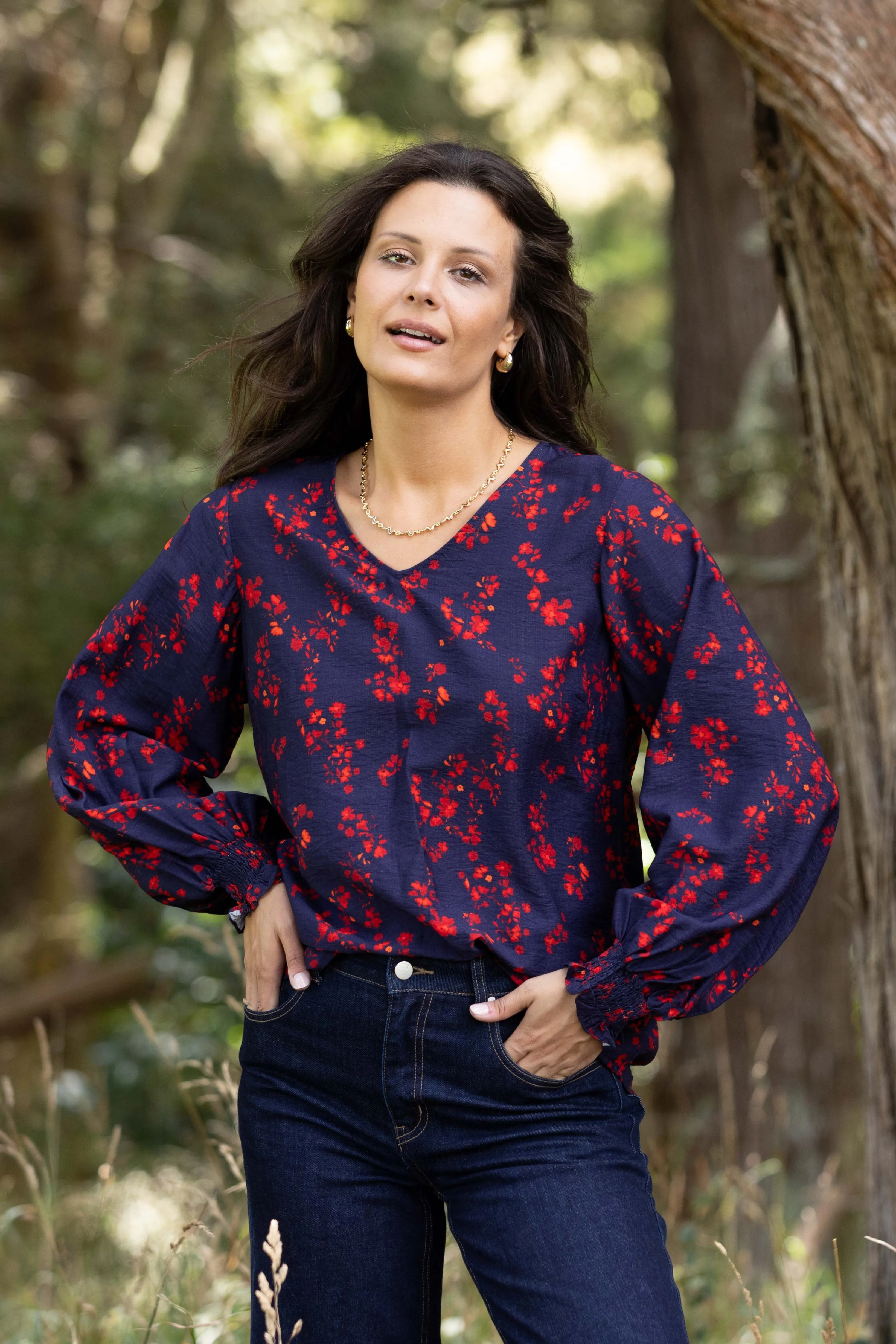Gloss The Label Alex Blouson Sleeve Top Black Sumac Floral