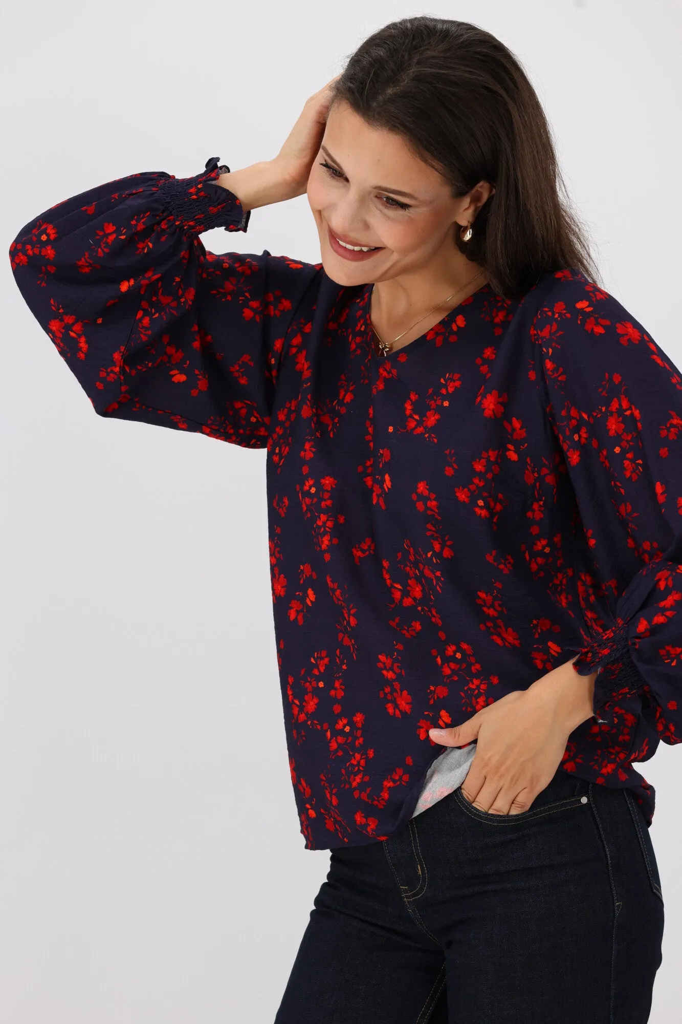Gloss The Label Alex Blouson Sleeve Top Black Sumac Floral