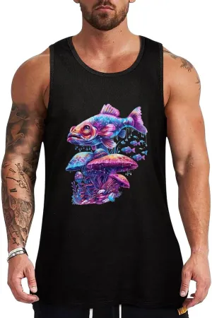 Glowing Magic Mushroom Fish Mens Tank Top Cotton Undershirt Crewneck Sleeveless Shirt for Summer