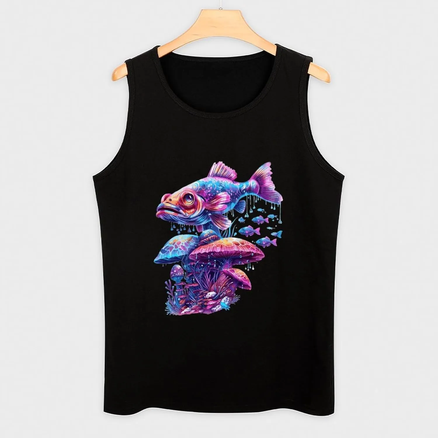 Glowing Magic Mushroom Fish Mens Tank Top Cotton Undershirt Crewneck Sleeveless Shirt for Summer