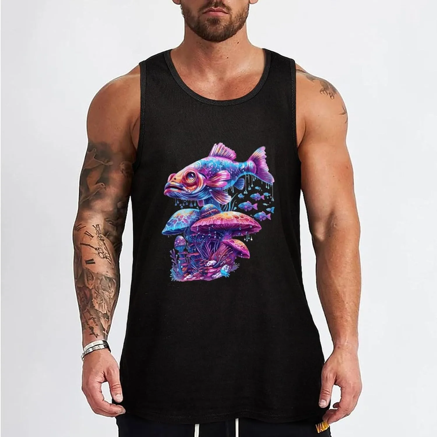 Glowing Magic Mushroom Fish Mens Tank Top Cotton Undershirt Crewneck Sleeveless Shirt for Summer