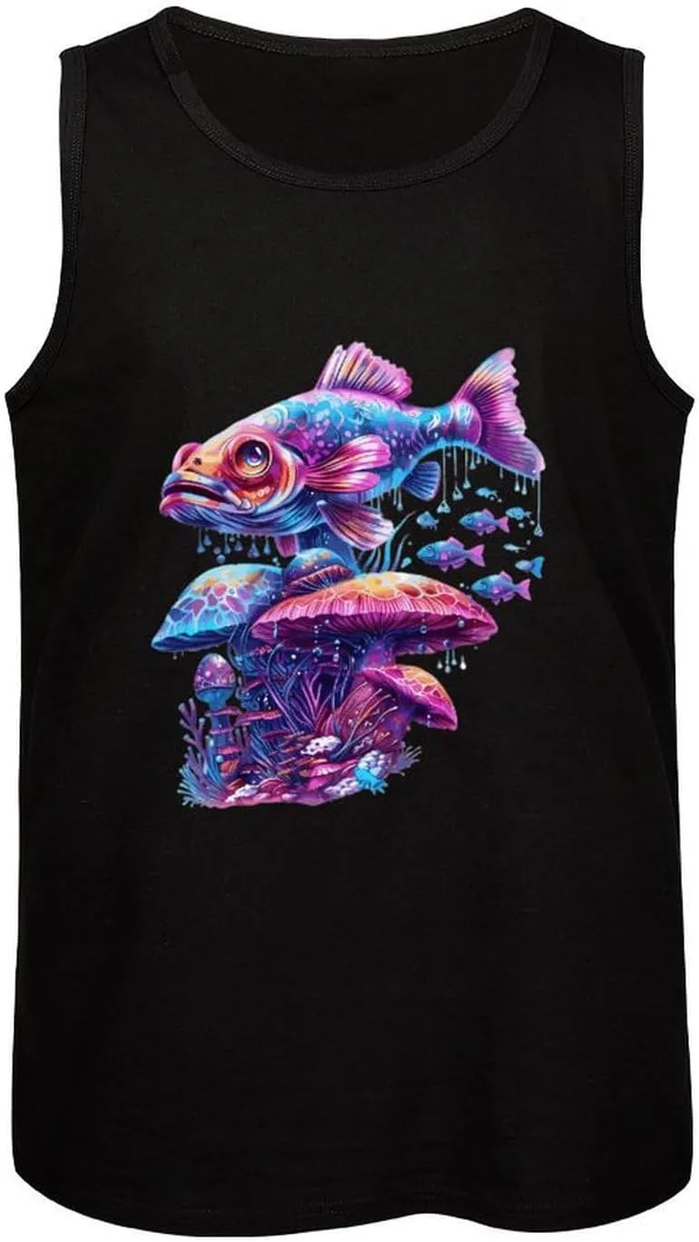 Glowing Magic Mushroom Fish Mens Tank Top Cotton Undershirt Crewneck Sleeveless Shirt for Summer
