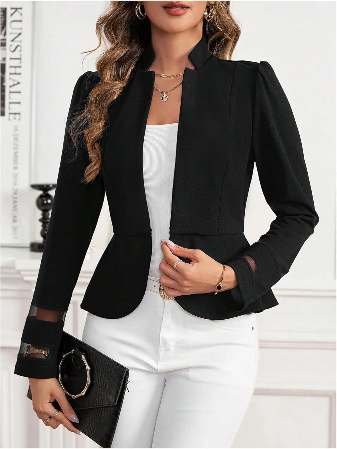 GORGLITTER Women's Lace Jacket Blazer Mesh Open Front Long Sleeve Casual Business Blazers