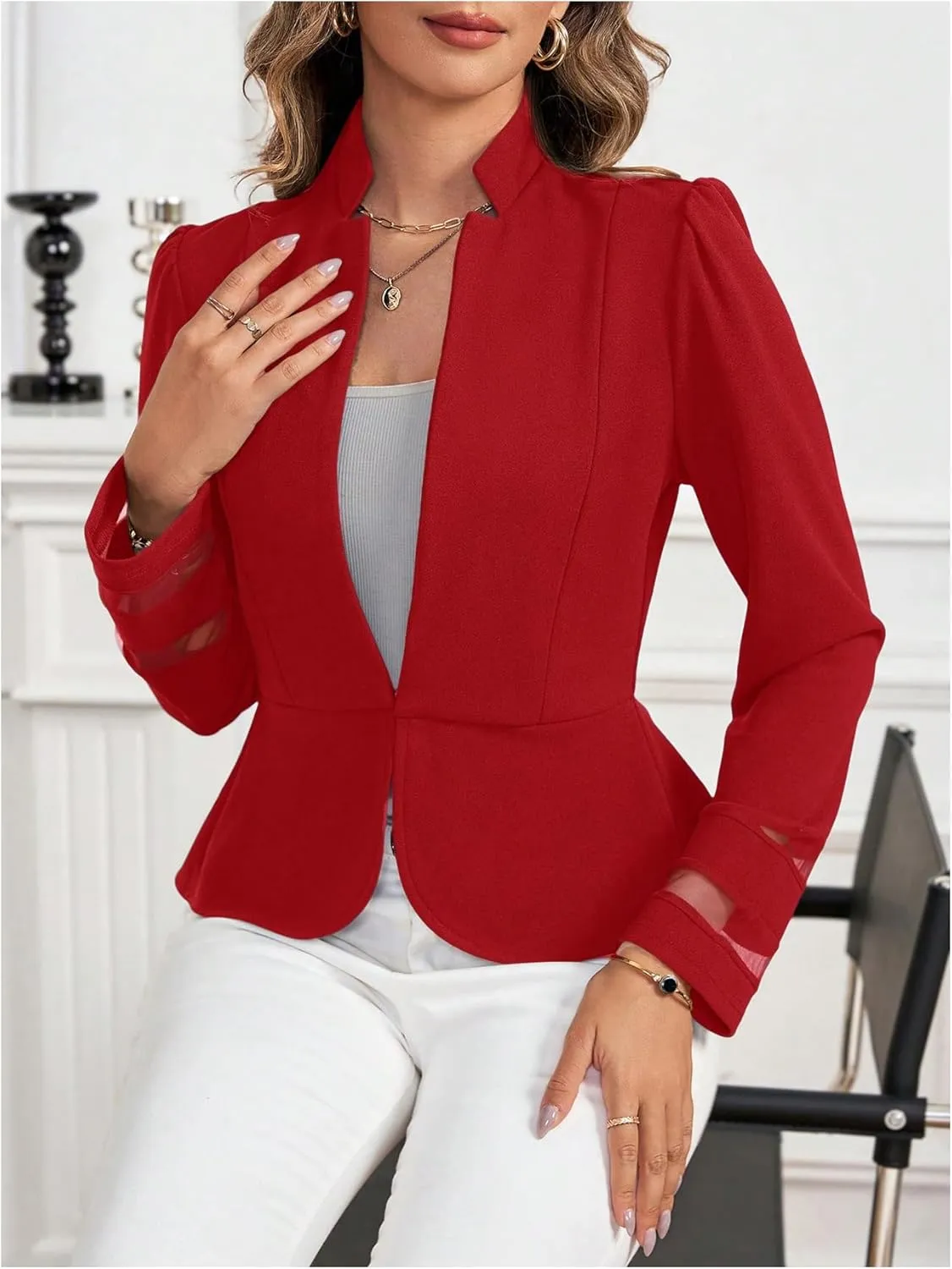 GORGLITTER Women's Lace Jacket Blazer Mesh Open Front Long Sleeve Casual Business Blazers