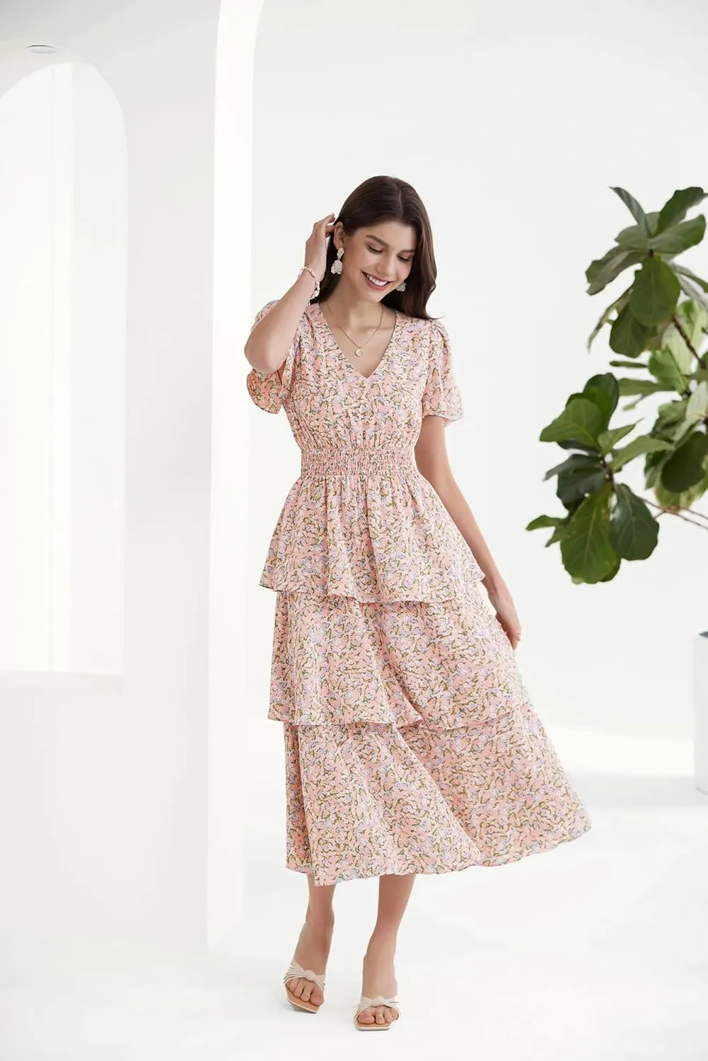 GRACE KARIN Women's 2025 Floral Summer Long Midi Dress V Neck Short Sleeve Ruffle Tiered Layered Boho Swing Dresses