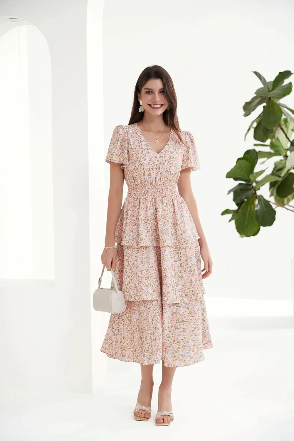 GRACE KARIN Women's 2025 Floral Summer Long Midi Dress V Neck Short Sleeve Ruffle Tiered Layered Boho Swing Dresses