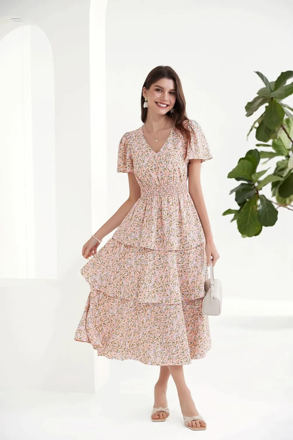 GRACE KARIN Women's 2025 Floral Summer Long Midi Dress V Neck Short Sleeve Ruffle Tiered Layered Boho Swing Dresses