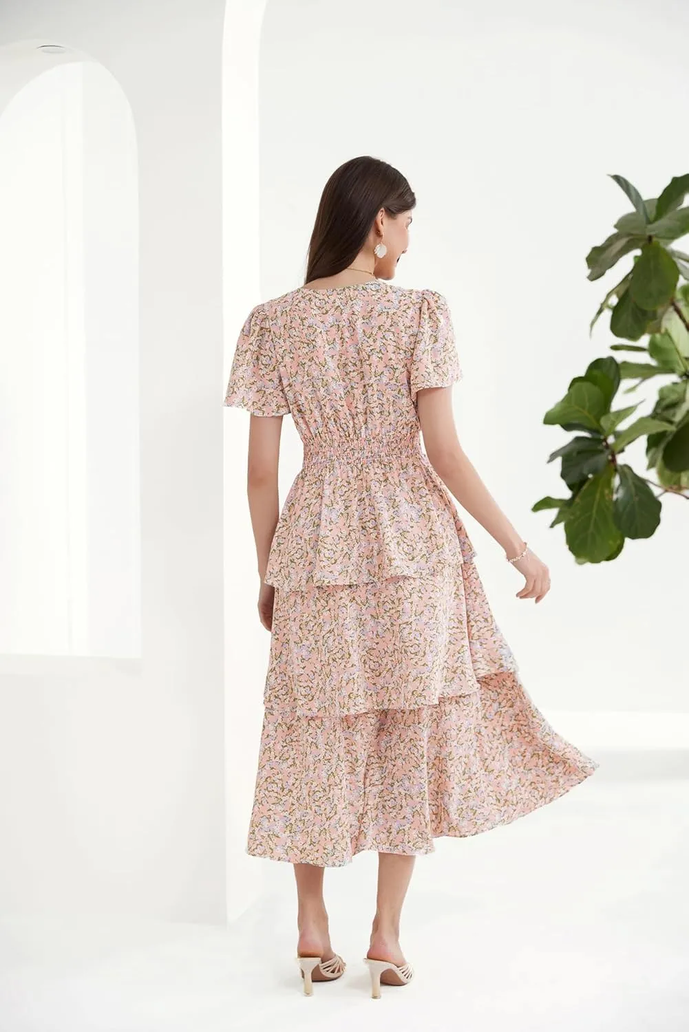 GRACE KARIN Women's 2025 Floral Summer Long Midi Dress V Neck Short Sleeve Ruffle Tiered Layered Boho Swing Dresses