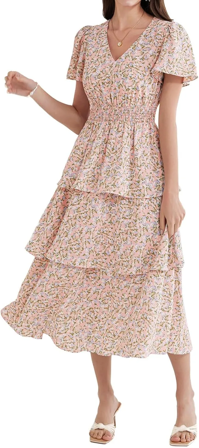 GRACE KARIN Women's 2025 Floral Summer Long Midi Dress V Neck Short Sleeve Ruffle Tiered Layered Boho Swing Dresses