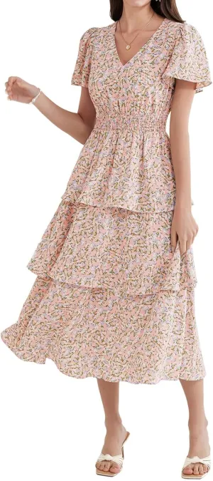 GRACE KARIN Women's 2025 Floral Summer Long Midi Dress V Neck Short Sleeve Ruffle Tiered Layered Boho Swing Dresses