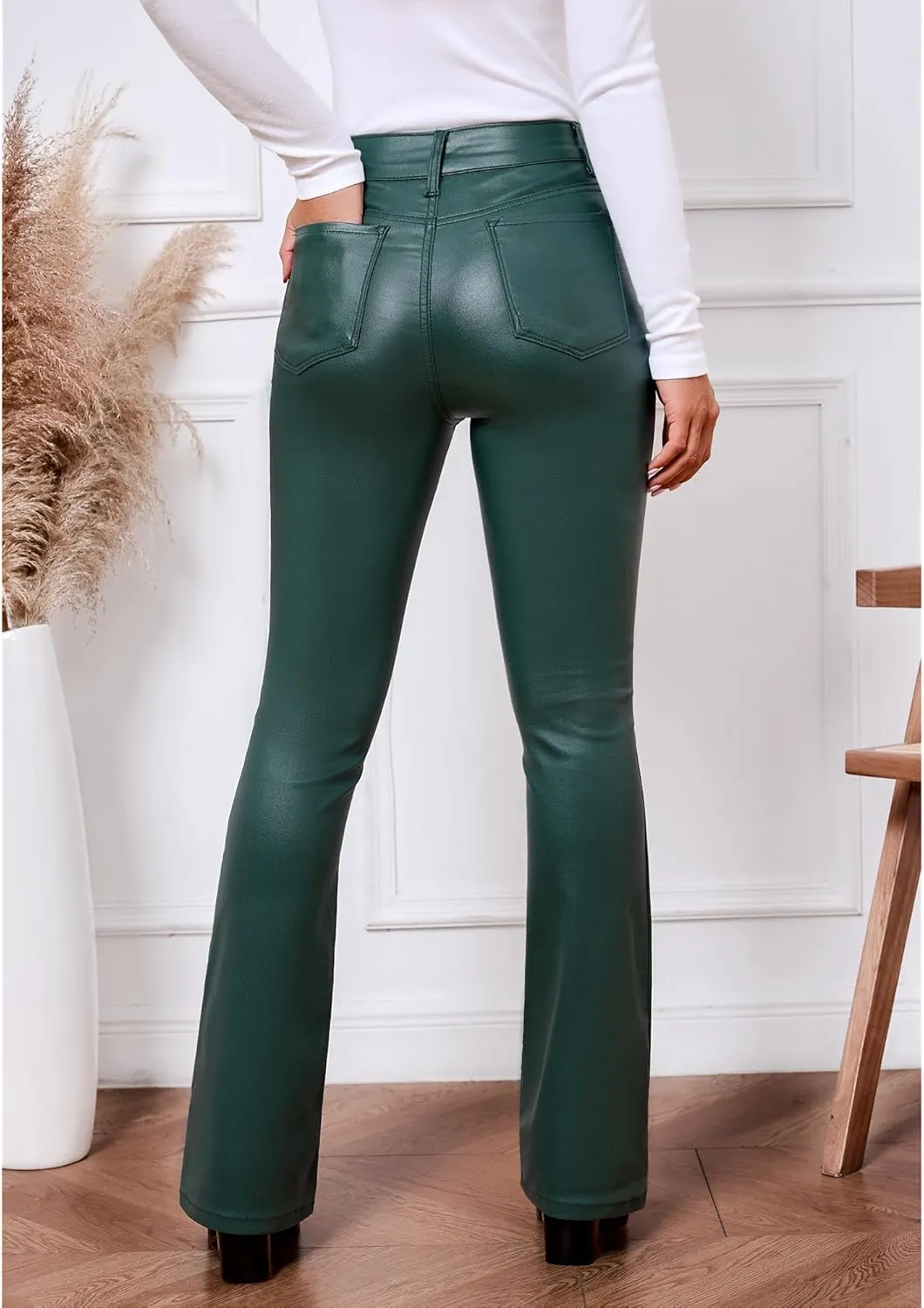 GRAPENT Flare Pants for Women High Wasited Stretchy Faux Leather Look Button Fly Jeans Trendy Bell Bottom Trousers