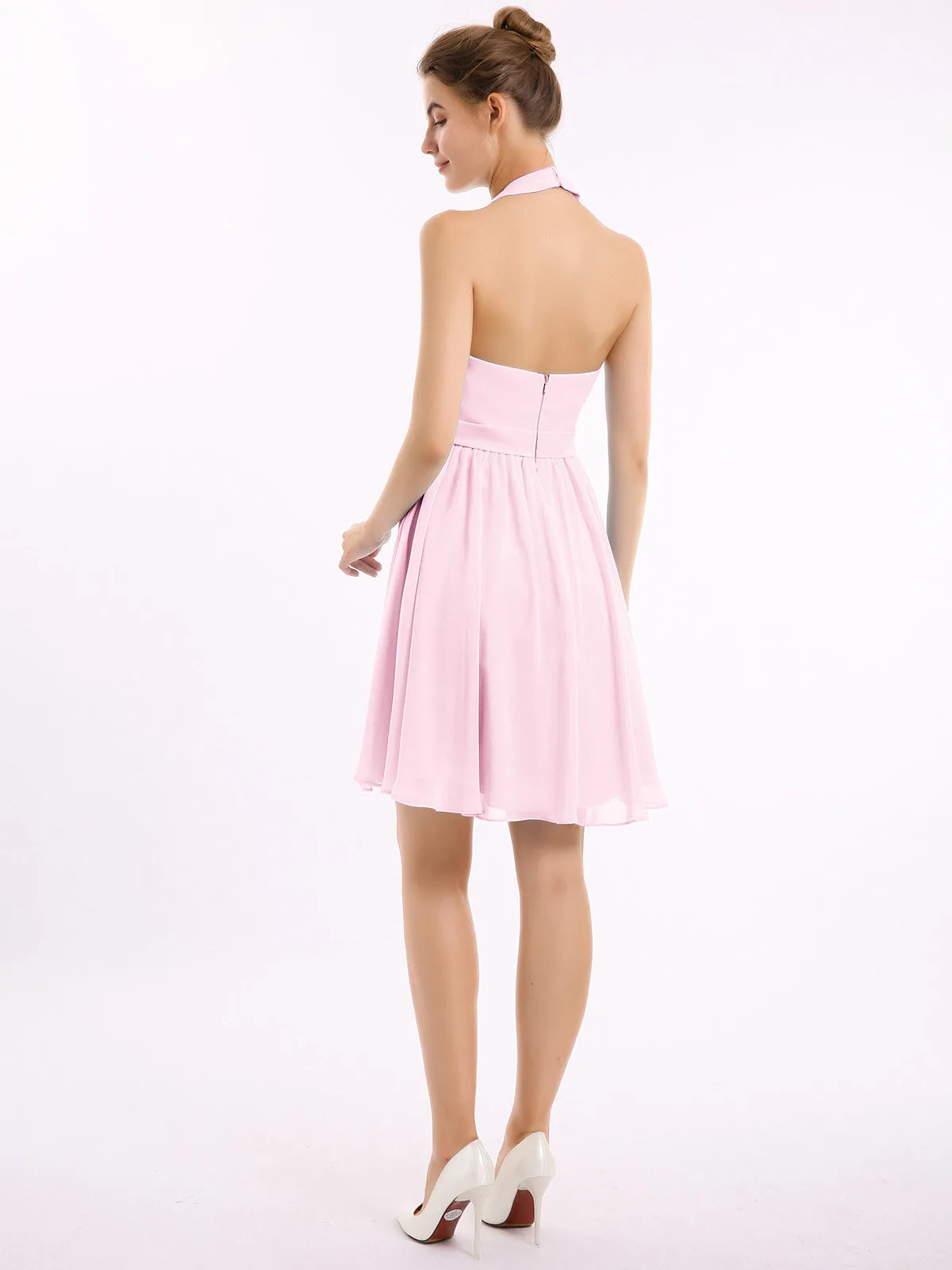 Halter Chiffon Short Bridesmaid Dresses-Candy Pink Plus Size