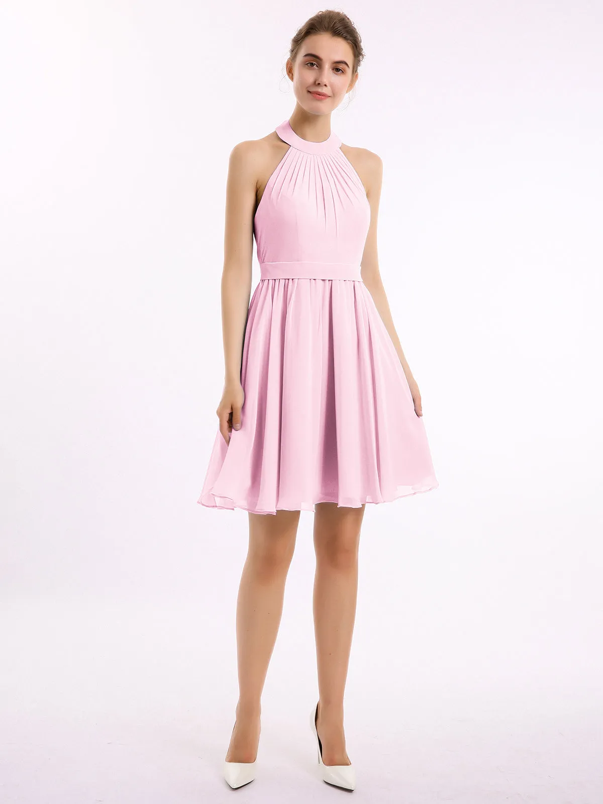 Halter Chiffon Short Bridesmaid Dresses-Candy Pink Plus Size