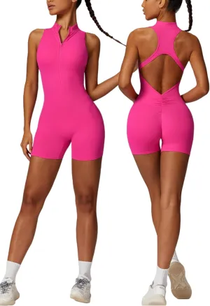 HerGymClothing Womens Workout Rompers High Support Zip Up Backless Padded Sleeveless Scrunch Butt Shorts Jumpsuit