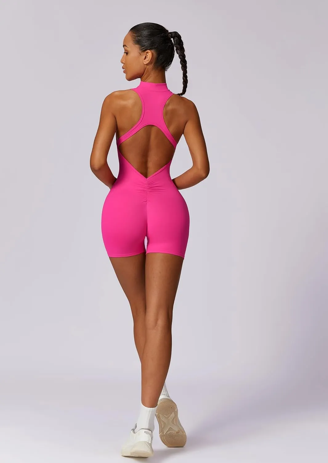 HerGymClothing Womens Workout Rompers High Support Zip Up Backless Padded Sleeveless Scrunch Butt Shorts Jumpsuit