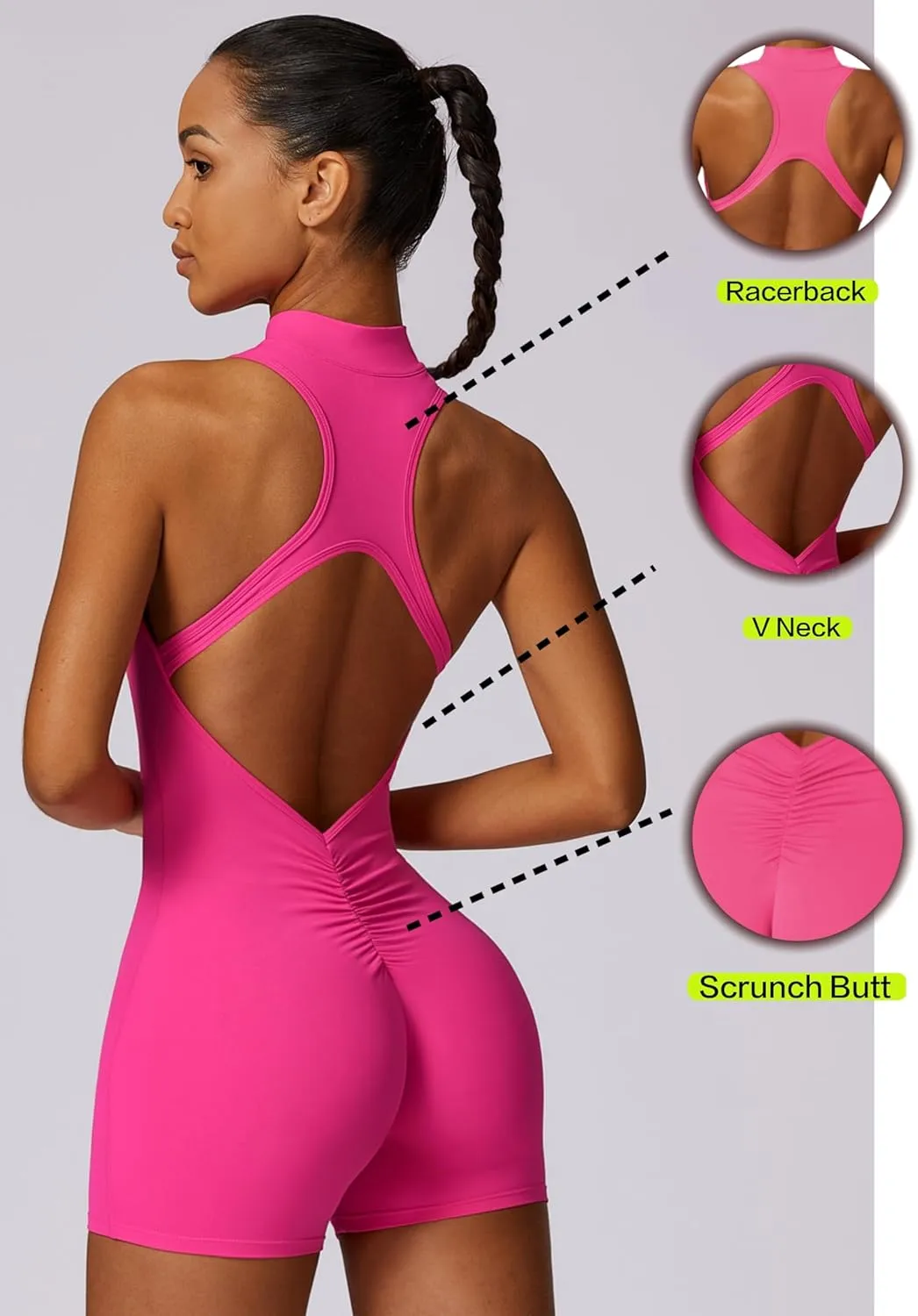 HerGymClothing Womens Workout Rompers High Support Zip Up Backless Padded Sleeveless Scrunch Butt Shorts Jumpsuit