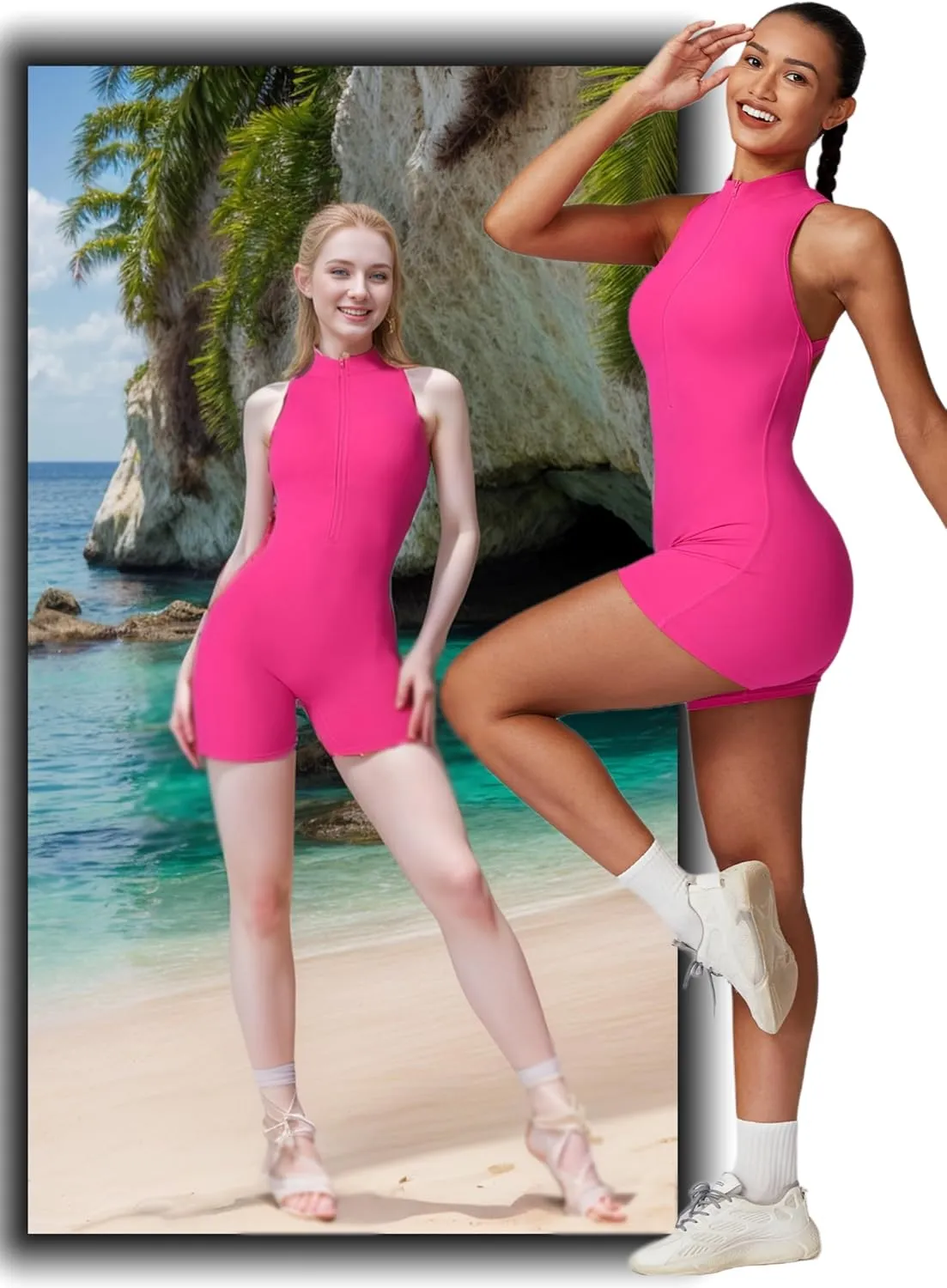 HerGymClothing Womens Workout Rompers High Support Zip Up Backless Padded Sleeveless Scrunch Butt Shorts Jumpsuit