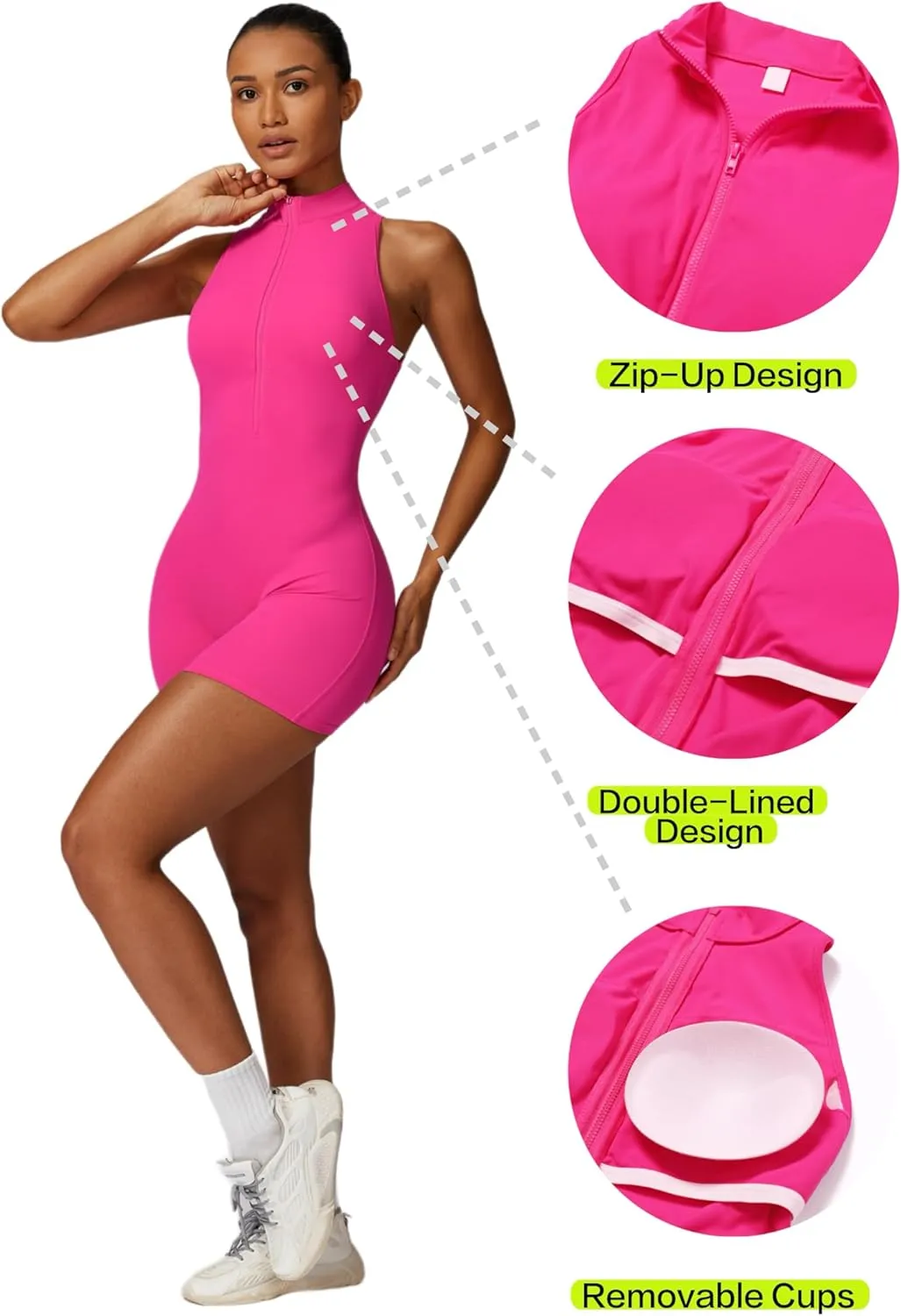 HerGymClothing Womens Workout Rompers High Support Zip Up Backless Padded Sleeveless Scrunch Butt Shorts Jumpsuit