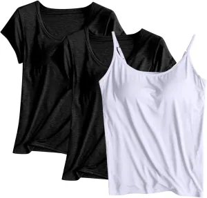 HGps8w 3-Pack Women's Adjustable Spaghetti Strap Shelf Bra Camisoles Basic Bulit-in Bra Soft Modal Tank Tops Undershirts