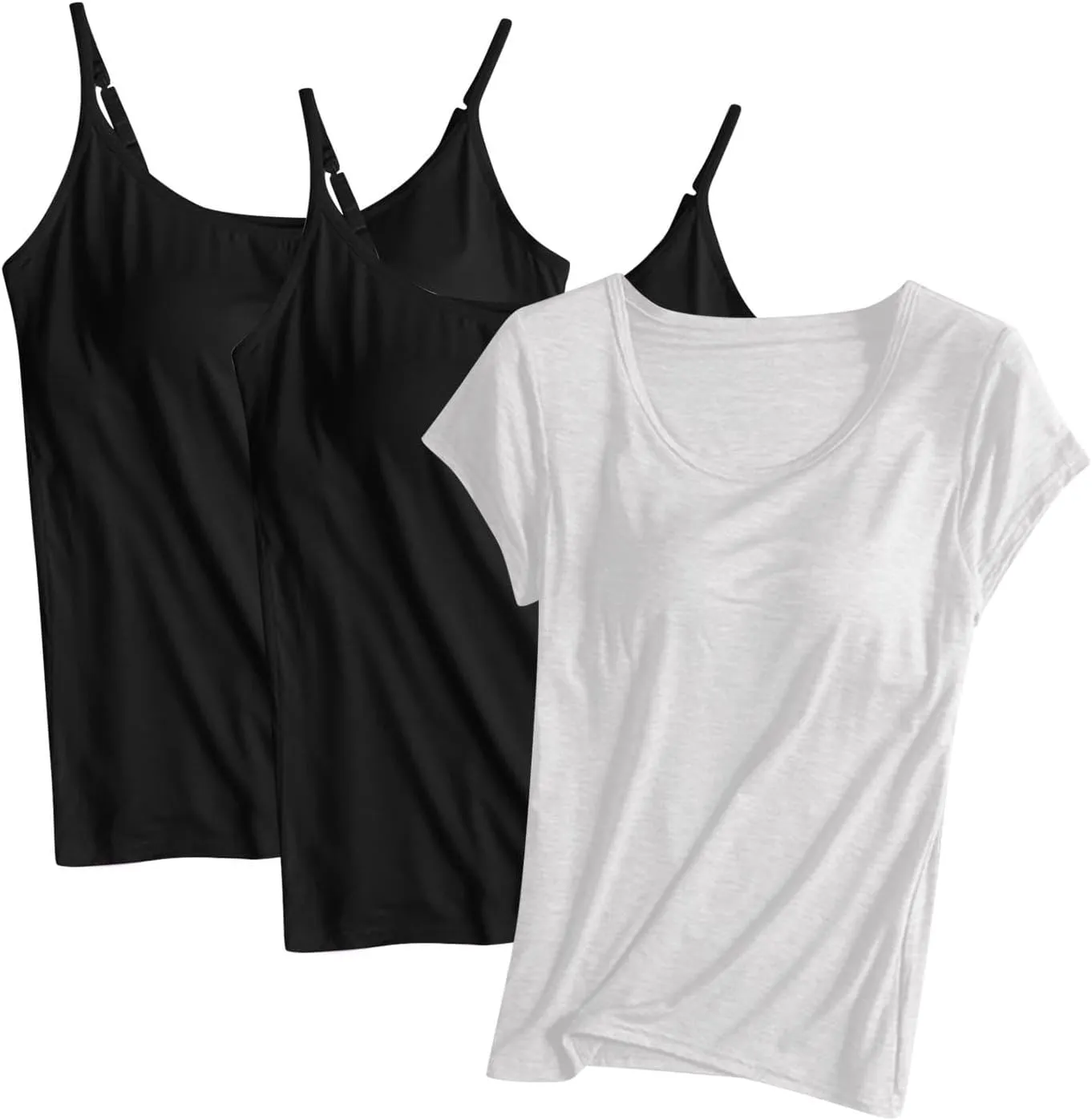 HGps8w Women's Adjustable Spaghetti Strap Shelf Bra Camisoles Tops Basic Bulit-in Bra Short Sleeve Modal T-Shirt Pack of 3