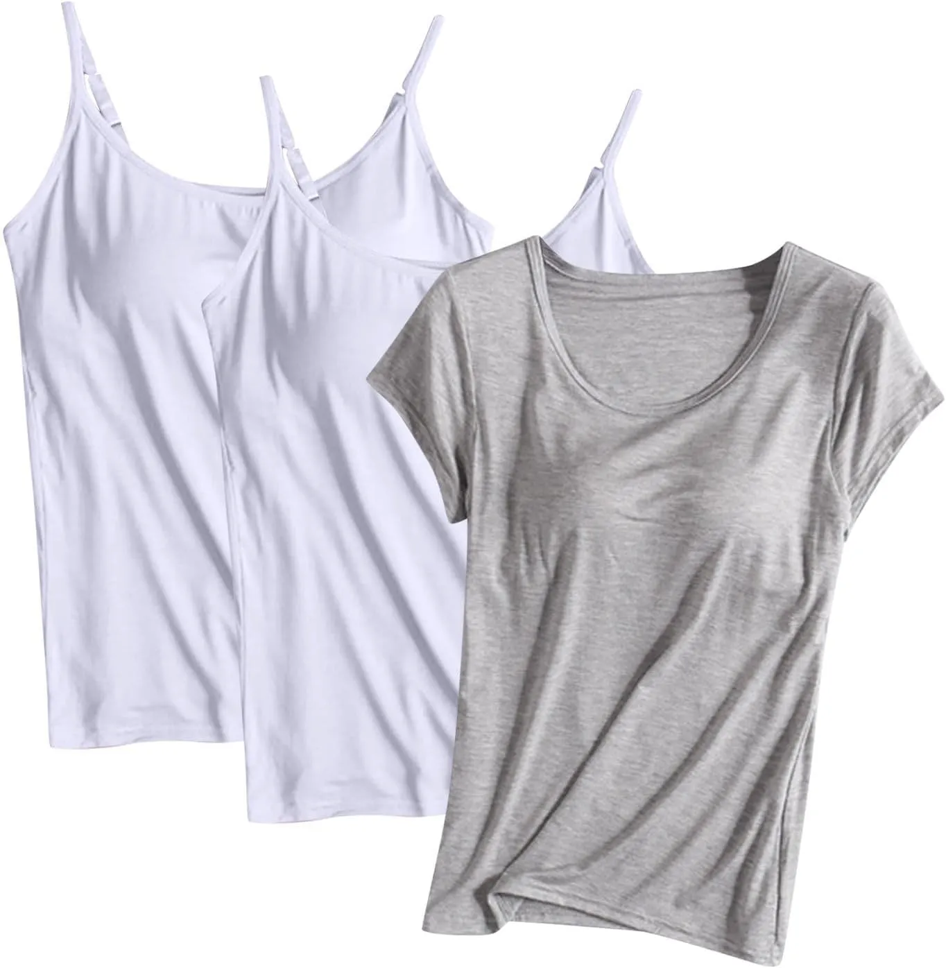 HGps8w Women's Adjustable Spaghetti Strap Shelf Bra Camisoles Tops Basic Bulit-in Bra Short Sleeve Modal T-Shirt Pack of 3
