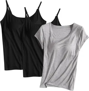 HGps8w Women's Adjustable Spaghetti Strap Shelf Bra Camisoles Tops Basic Bulit-in Bra Short Sleeve Modal T-Shirt Pack of 3