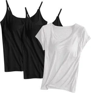 HGps8w Women's Adjustable Spaghetti Strap Shelf Bra Camisoles Tops Basic Bulit-in Bra Short Sleeve Modal T-Shirt Pack of 3