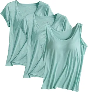 HGps8w Women's Modal 2Pcs Self Bra Short Sleeve T-Shirt with 1Pc Bulit-in Bra Basic Solid Tank Tops Undershirt (Mix Styles)