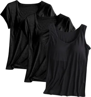 HGps8w Women's Modal 2Pcs Self Bra Short Sleeve T-Shirt with 1Pc Bulit-in Bra Basic Solid Tank Tops Undershirt (Mix Styles)