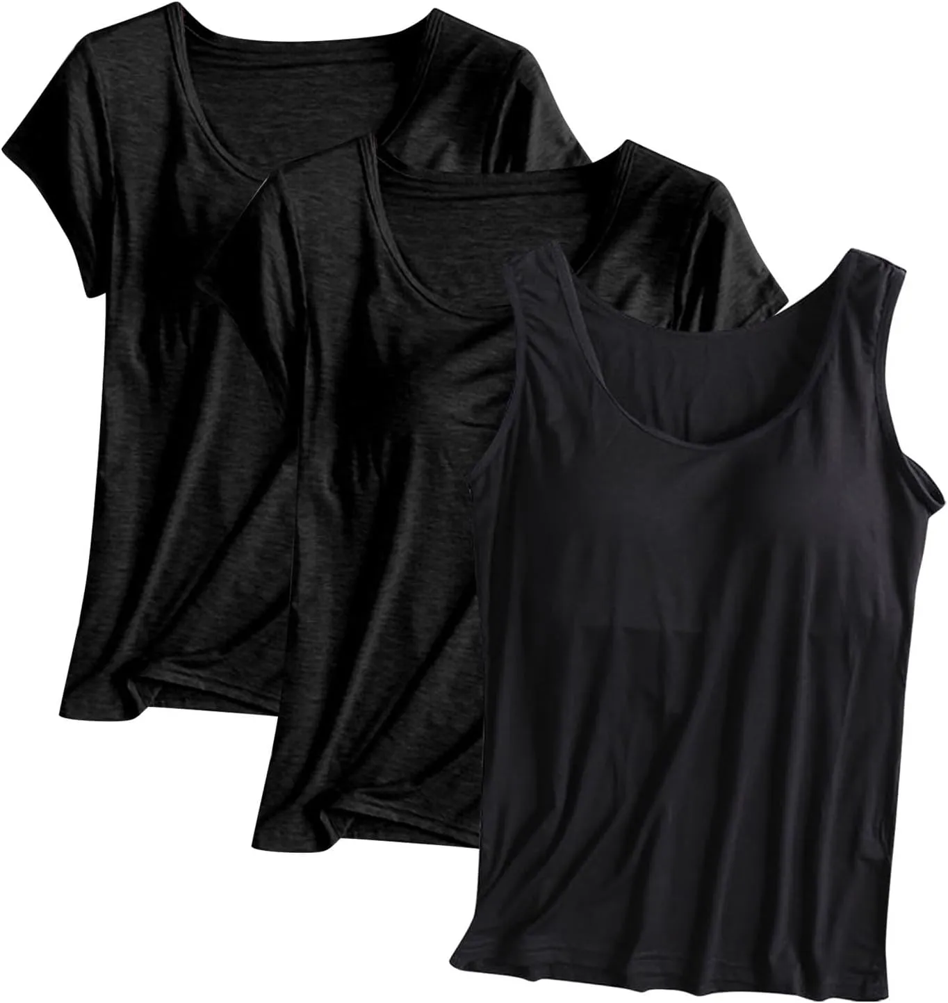 HGps8w Women's Modal 2Pcs Self Bra Short Sleeve T-Shirt with 1Pc Bulit-in Bra Basic Solid Tank Tops Undershirt (Mix Styles)