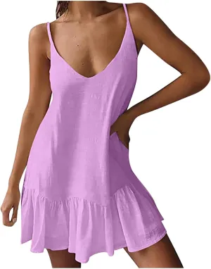 hlysgo Beach Dresses for Women 2025 Summer Ruffled Hem Adjustable Straps V Neck Sundress Casual Loose Comfy Boho Mini Dress