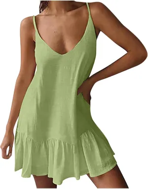 hlysgo Beach Dresses for Women 2025 Summer Ruffled Hem Adjustable Straps V Neck Sundress Casual Loose Comfy Boho Mini Dress