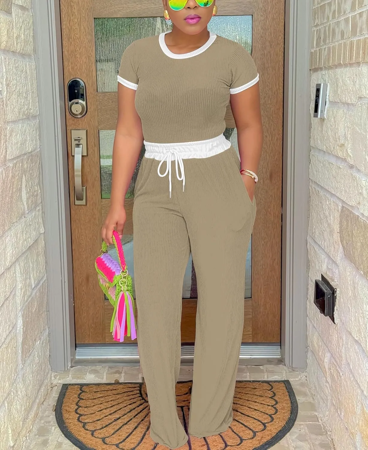 HTD Womens 2 Piece Outfits Casual Sweatsuits Set Short Sleeve Matching Sets Tracksuit
