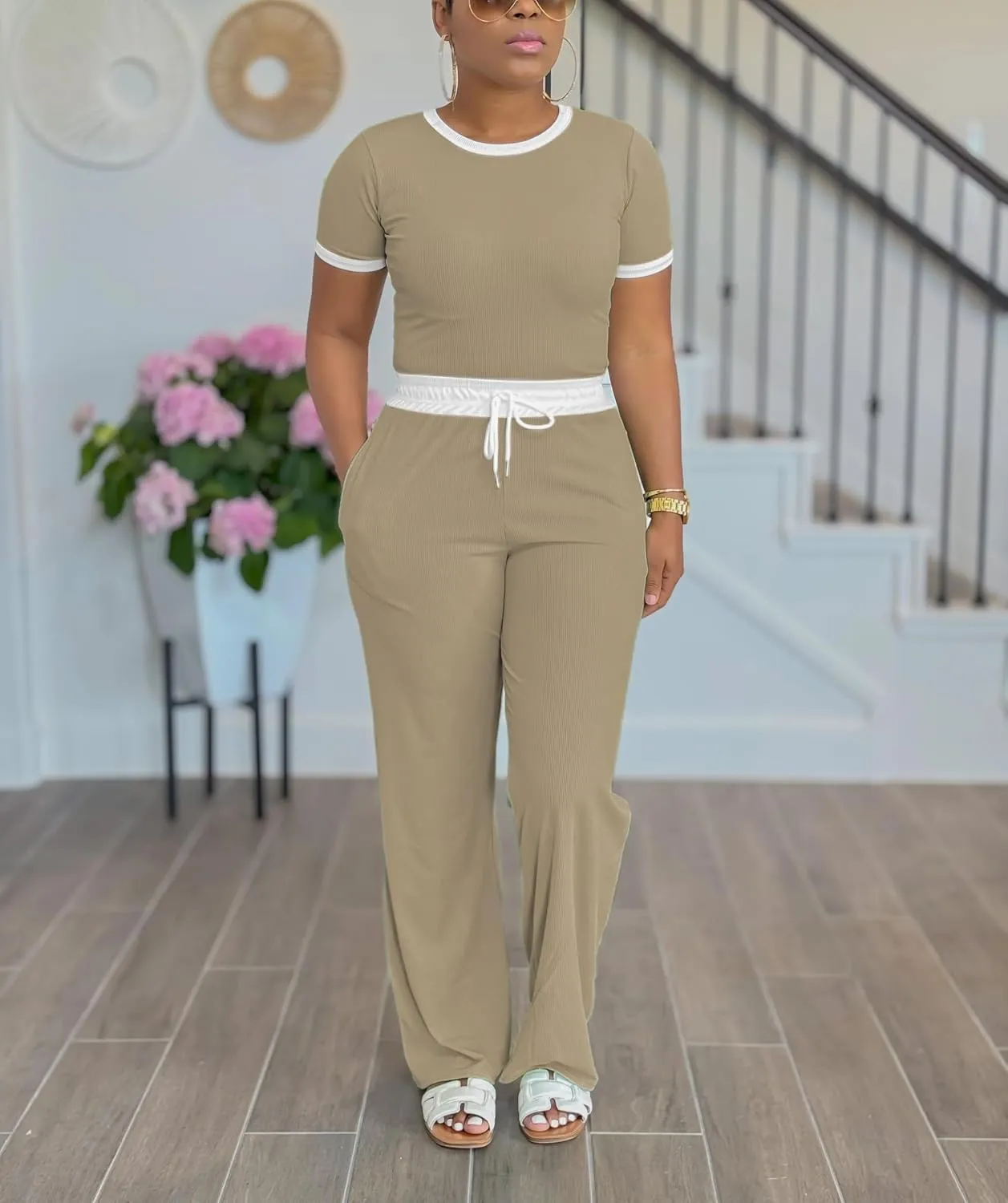 HTD Womens 2 Piece Outfits Casual Sweatsuits Set Short Sleeve Matching Sets Tracksuit