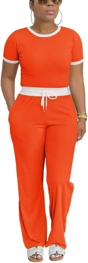 HTD Womens 2 Piece Outfits Sweatsuits Set Short Sleeve Wide Leg Pants Matching Lounge Sets Tracksuit Orange L