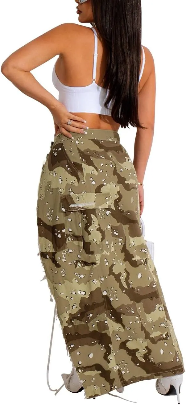 HTD Women's Denim Maxi Skirt Camo Long Skirts Cargo Jean Skirt Sexy High Slit