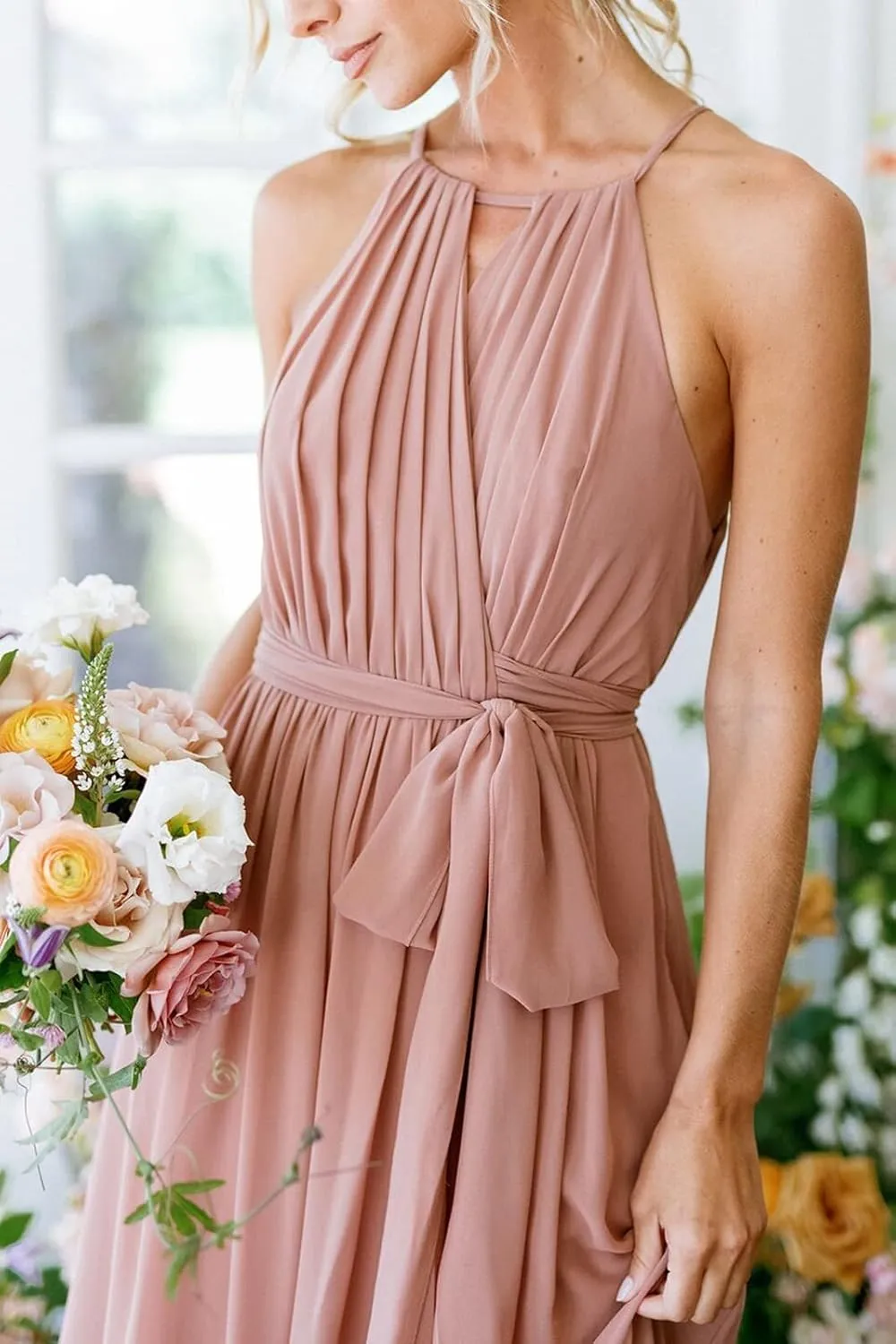 IIF Women's Halter Pleated Chiffon Bridesmaid Dresses with Pockets A-Line Long Formal Dress with Slit IIF110