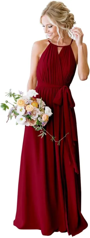 IIF Women's Halter Pleated Chiffon Bridesmaid Dresses with Pockets A-Line Long Formal Dress with Slit IIF110