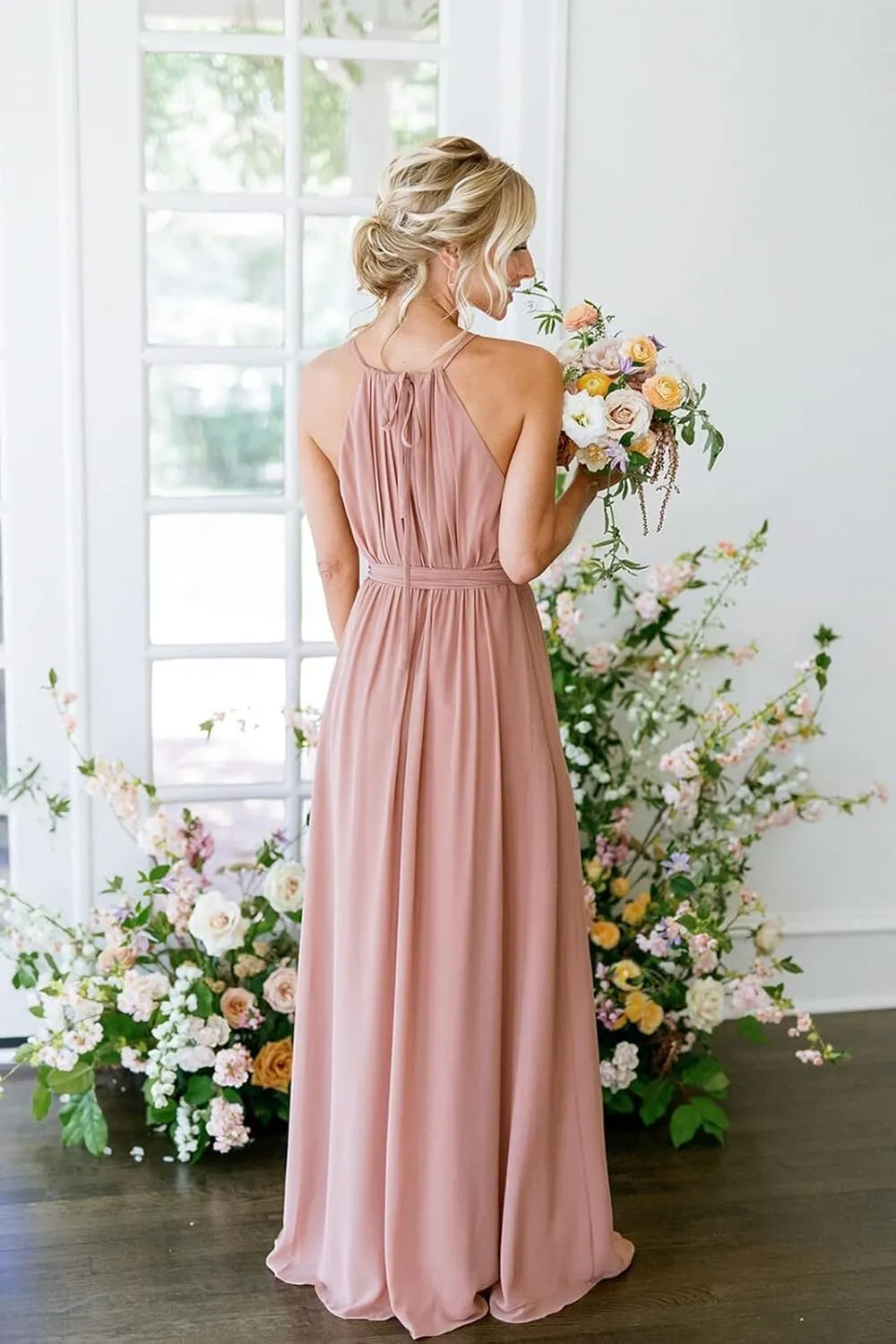 IIF Women's Halter Pleated Chiffon Bridesmaid Dresses with Pockets A-Line Long Formal Dress with Slit IIF110