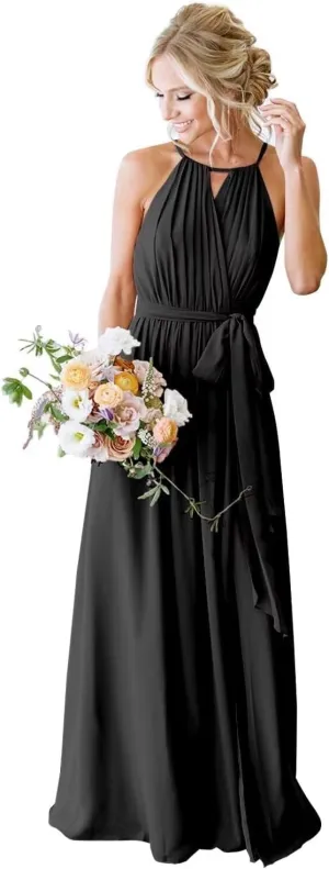 IIF Women's Halter Pleated Chiffon Bridesmaid Dresses with Pockets A-Line Long Formal Dress with Slit IIF110