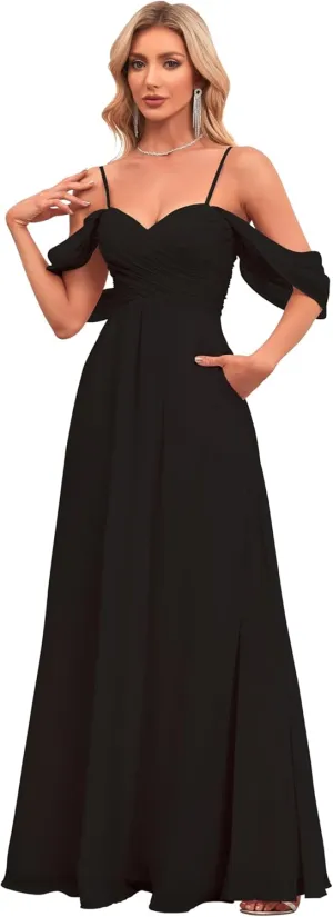 IIF Women's Off Shoulder Chiffon Bridesmaid Dresses Spaghetti Straps Long Formal Dress with Pockets for Wedding IIF019