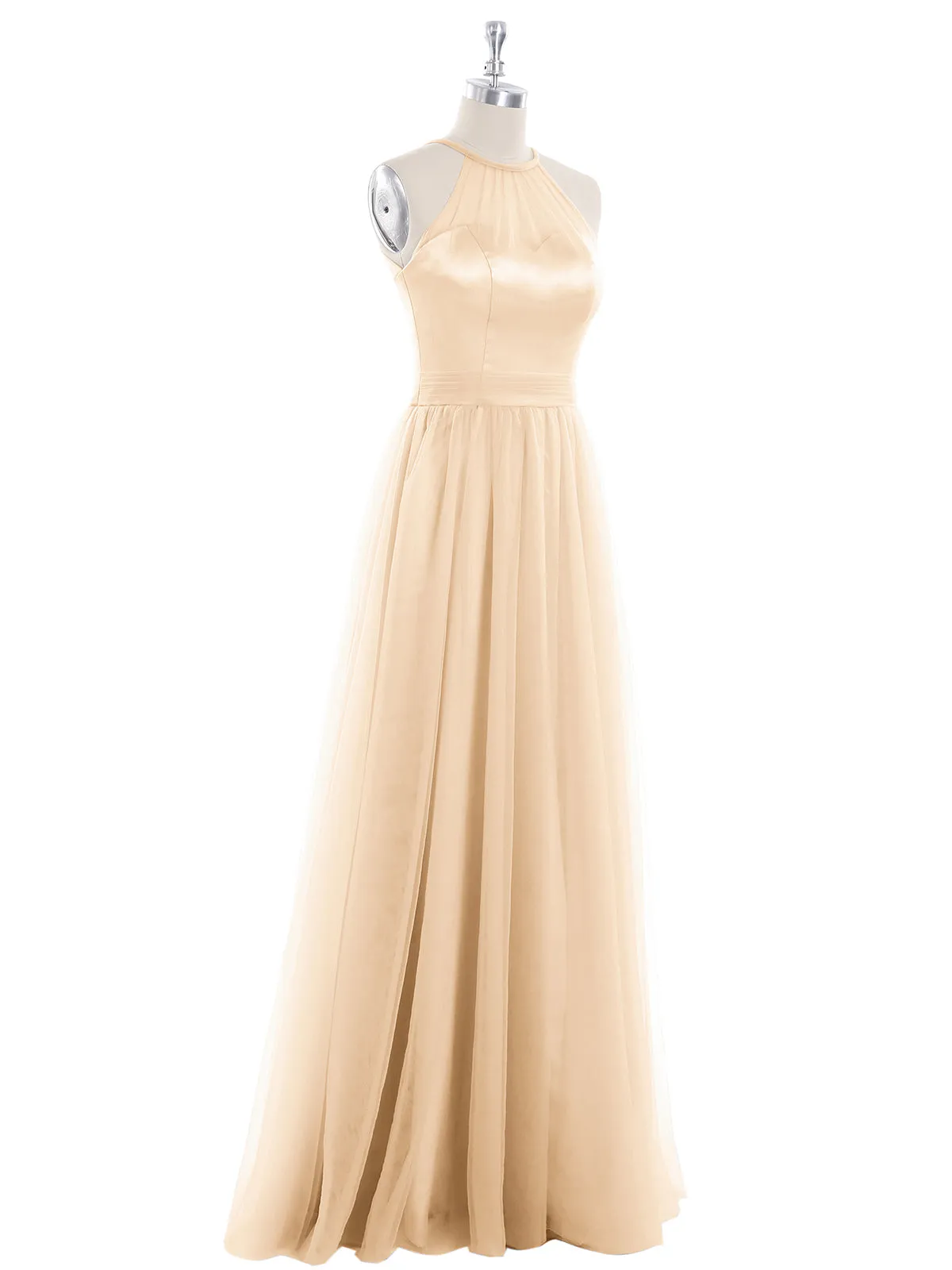 Illusion Neckline Long Tulle Dress-Peach Plus Size