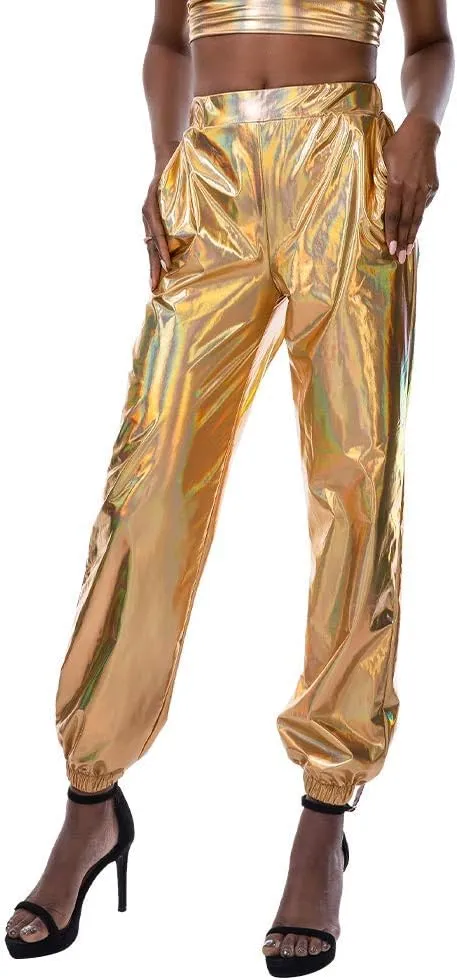 IWEMEK Women Metallic Punk Holographic Leggings Pants Hip Hop Disco Activewear Jogger High Waisted Sweatpants with Pockets