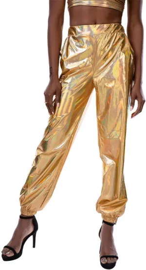 IWEMEK Women Metallic Punk Holographic Leggings Pants Hip Hop Disco Activewear Jogger High Waisted Sweatpants with Pockets