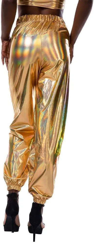 IWEMEK Women Metallic Punk Holographic Leggings Pants Hip Hop Disco Activewear Jogger High Waisted Sweatpants with Pockets